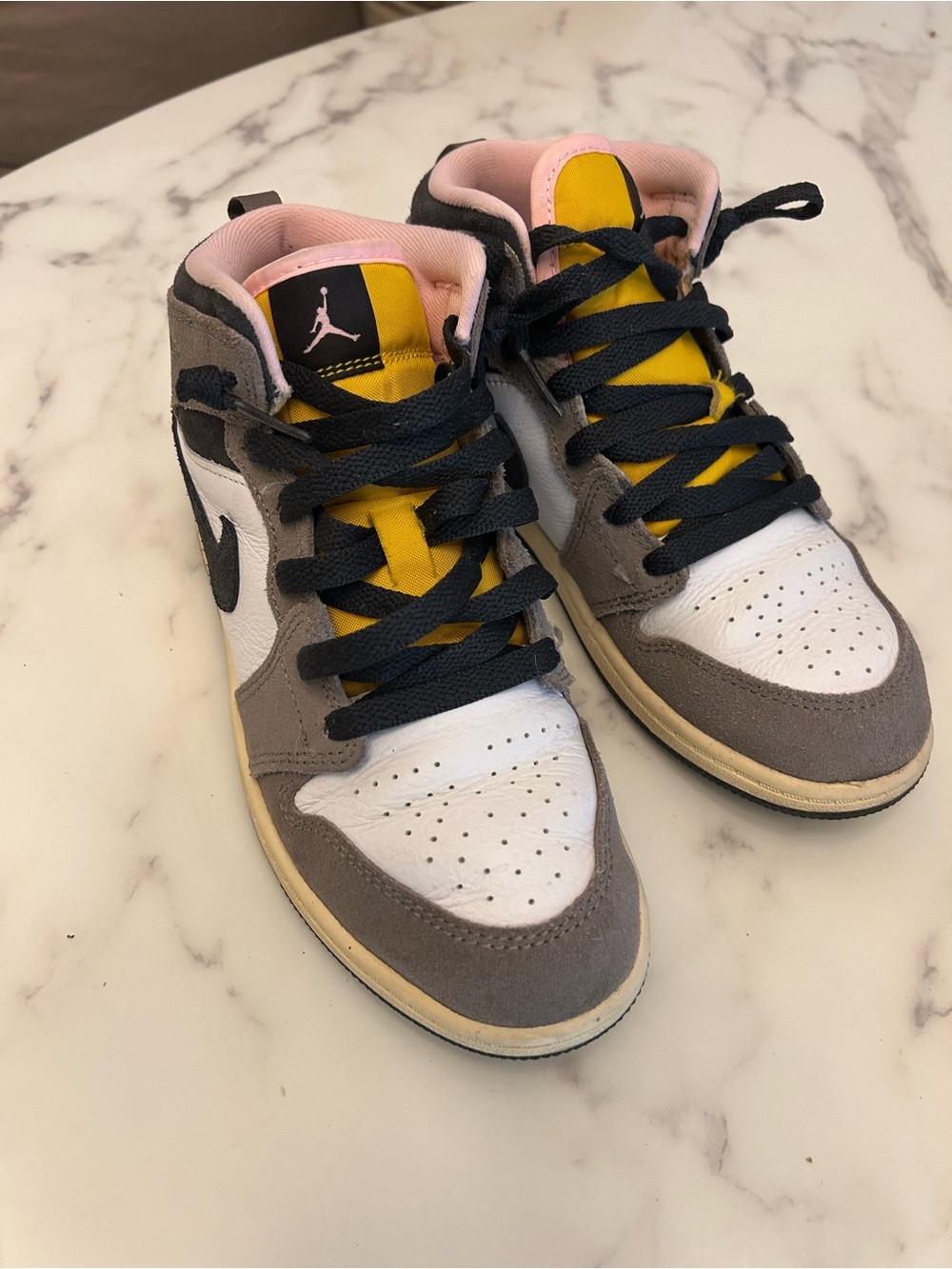 Jordan Kids Mid-Top Sneakers in White, Gray, Yellow & Pink